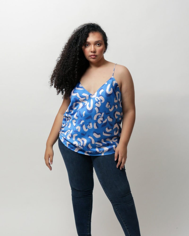 Front of a model wearing a size L (12/14) Selma Satin Cami Tank in Black and Blue Horsehoe Print by LuvMeMore. | dia_product_style_image_id:266761